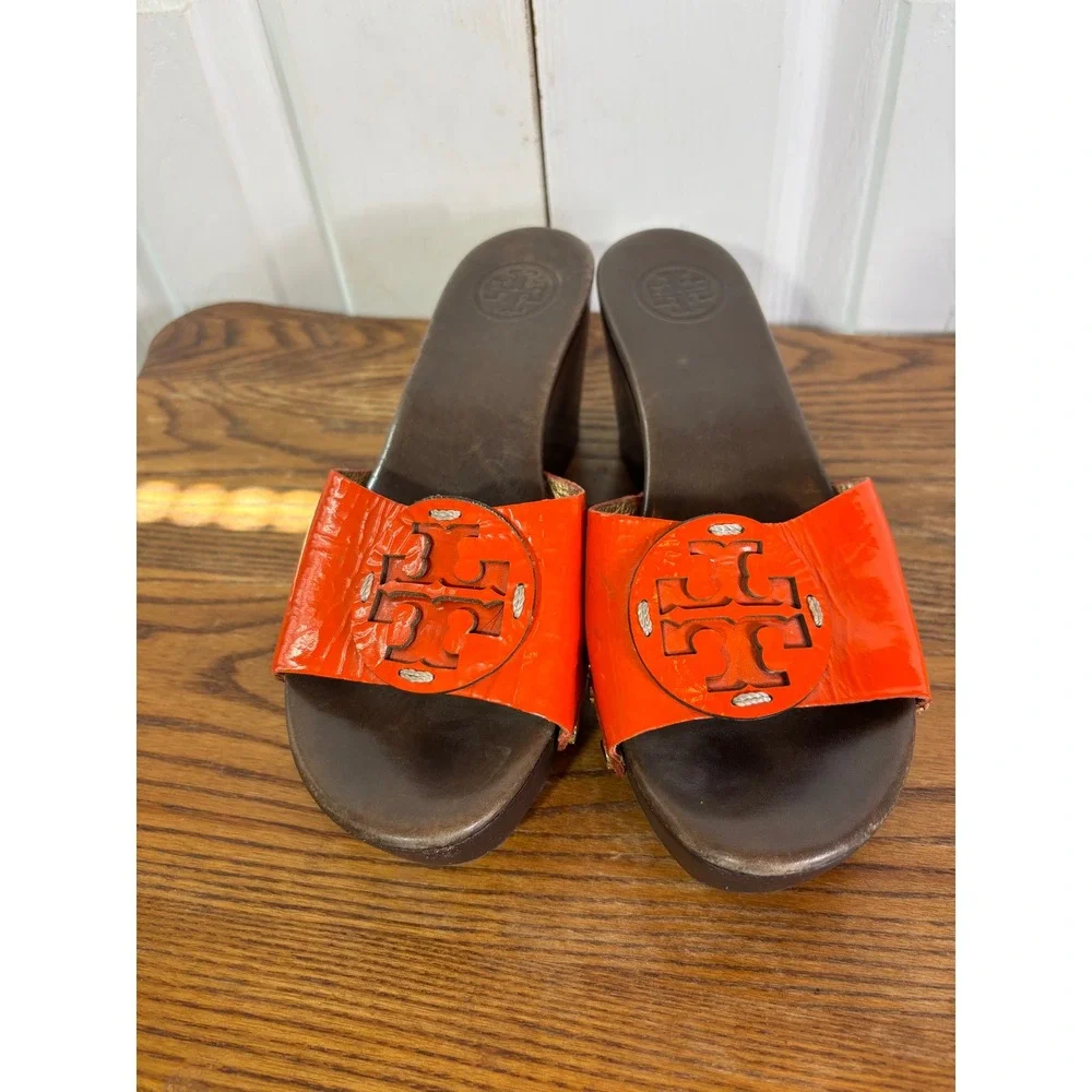 Tory Burch Women's Orange Patent Leather Logo Clog Platform Wedge Slides size‎ 6